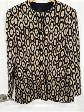 Escada Black Satin Label and Trim Detail vintage blazer with geometric pattern